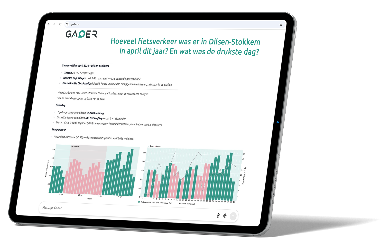 Tablet met een Gader-analyse van fietsverkeer in Dilsen-Stokkem.