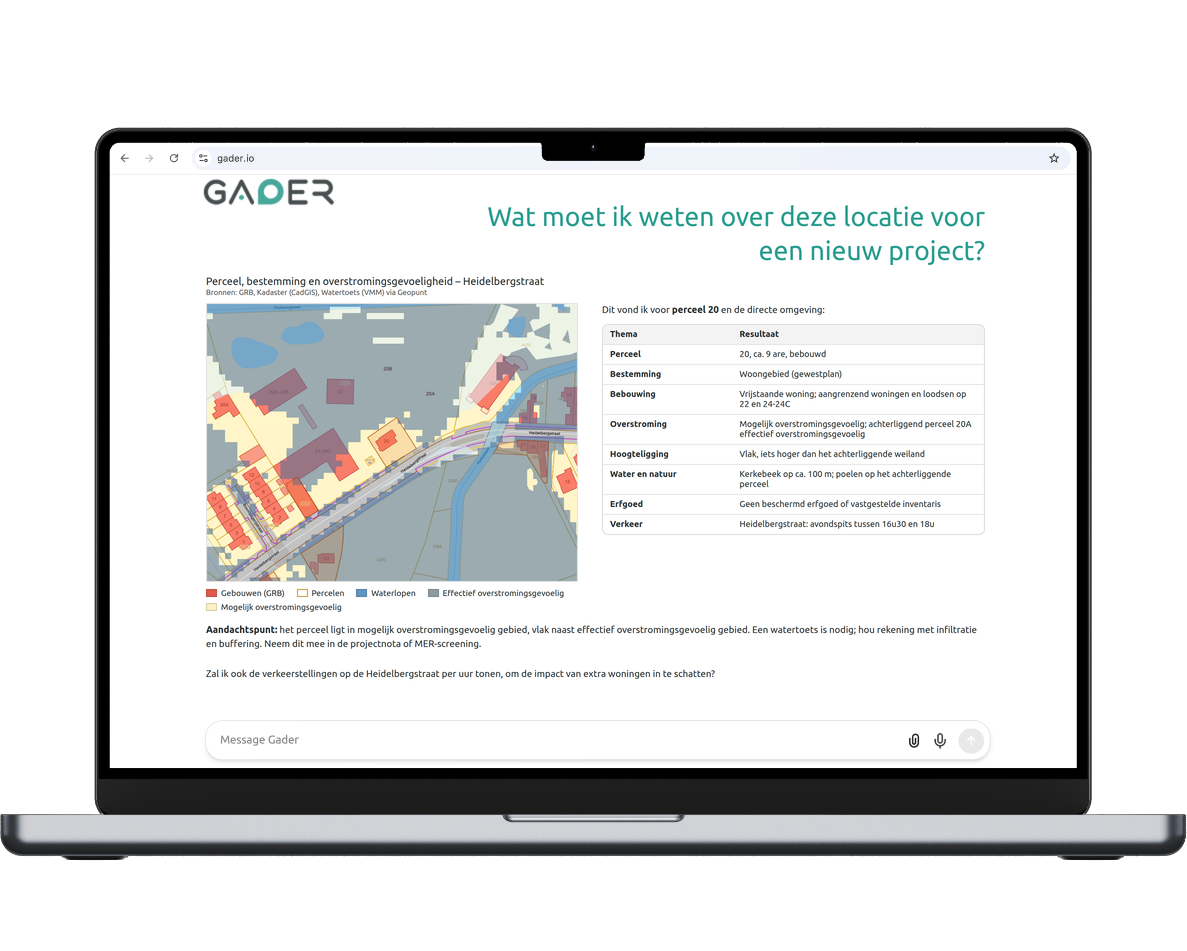 Laptop met een Gader-analyse van een perceel: kaart met gebouwen, percelen, waterlopen en overstromingsgevoeligheid, en een tabel met bestemming, bebouwing, water, erfgoed en verkeer.