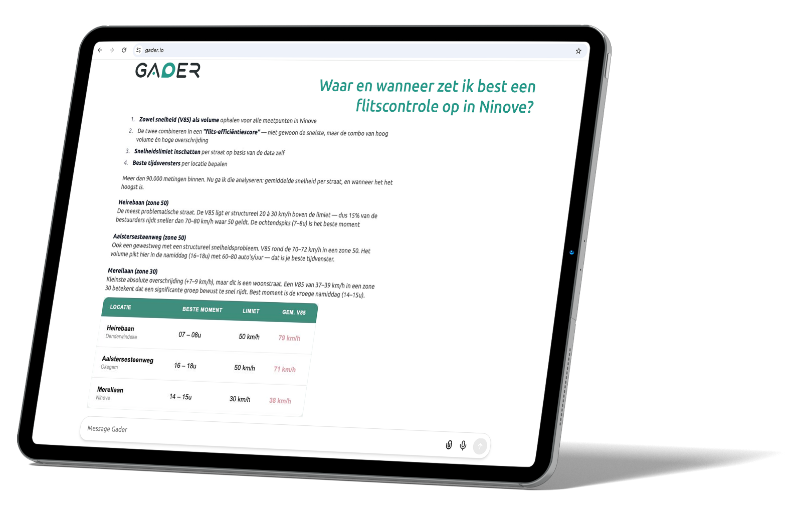 Tablet met een Gader-analyse van een flitscontrole in Ninove.