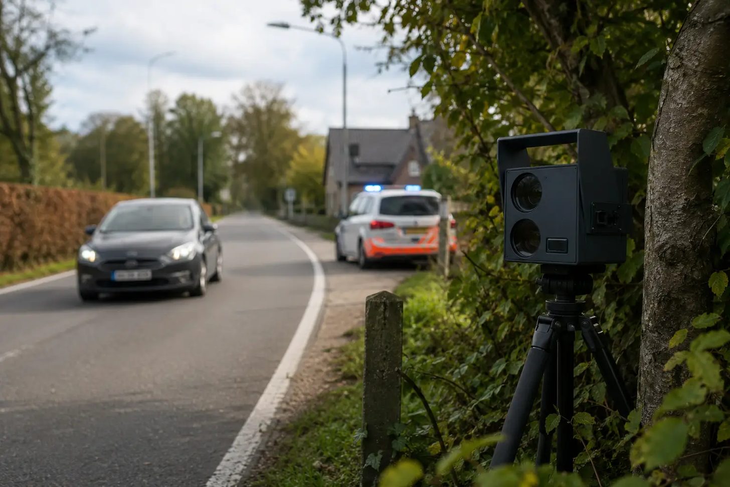 Een mobiele flitser op een statief langs een landelijke weg, met een politiewagen in de achtergrond.