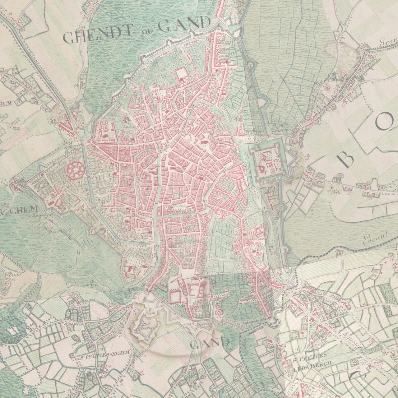 Uitsnede van het centrum van Gent op de Ferrariskaart van 1777.